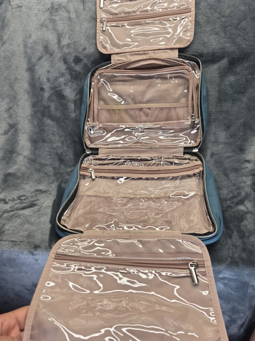 Nishel 4 Sections Travel Bag Cosmetic Organizer with Hook Blue Green Gold Tone